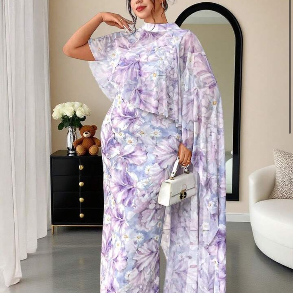 SHEIN Lavender Floral Dress with Cape